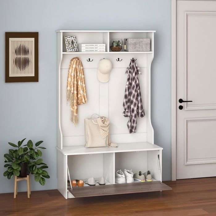 COSTWAY 4en1 Porte-Manteau Vestiaire à Chaussures Meuble dEntrée avec Banc et 5 Crochets Doubles 100x40x160 CM Blanc COSTWAY 4en1 Porte-Manteau Vestiaire à Chaussures Meuble dEntrée avec Banc et 5 Crochets Doubles 100x40x160 CM Blanc