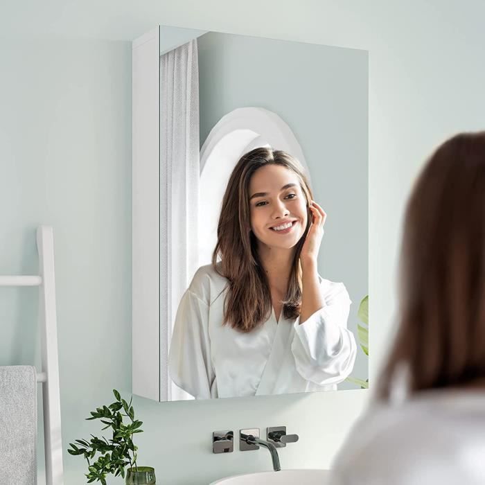 Armoire de Salle de Bain avec Miroir Meuble de Rangement à Suspendre avec 2 Portes Étagère Réglable Blanc 30x50x12 cm