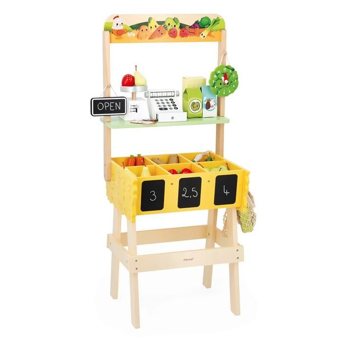 Marchande Enfant Farm Market - Jeu dImitation Enfant - 32 Accessoires - Jouet en Bois FSC - Peinture à lEau - Dès 3 ans