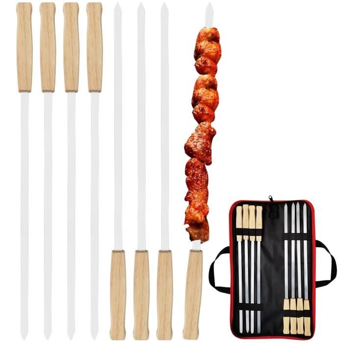6 Brochettes Barbecue Inox 40cm - Poignées Chêne Massif - Cuisson Uniforme Sans Rotation