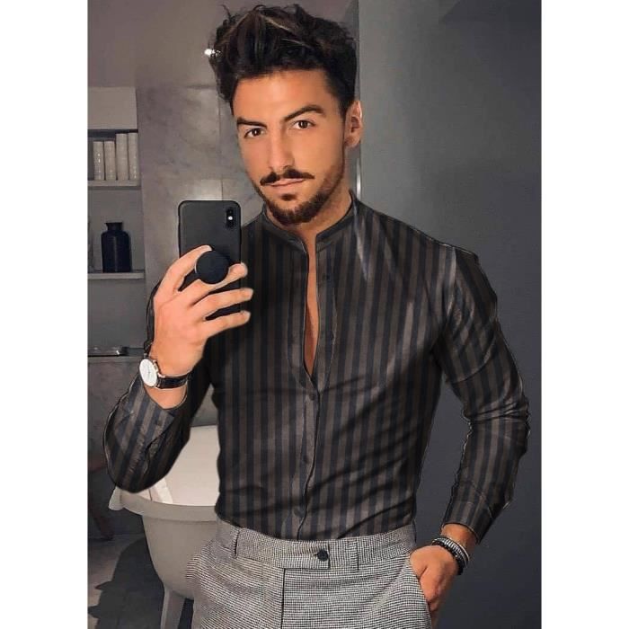 Yuyuzo Chemises D'Automne Pour Hommes Coton Lin Manches Longues Couleur Unie Bouton Col En V Blouse Décontractée