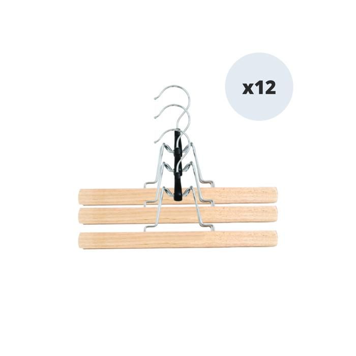 Lot de 12 cintres en bois pour pantalon ou jupe - MSV - Beige - Crochet pivotant à 360°