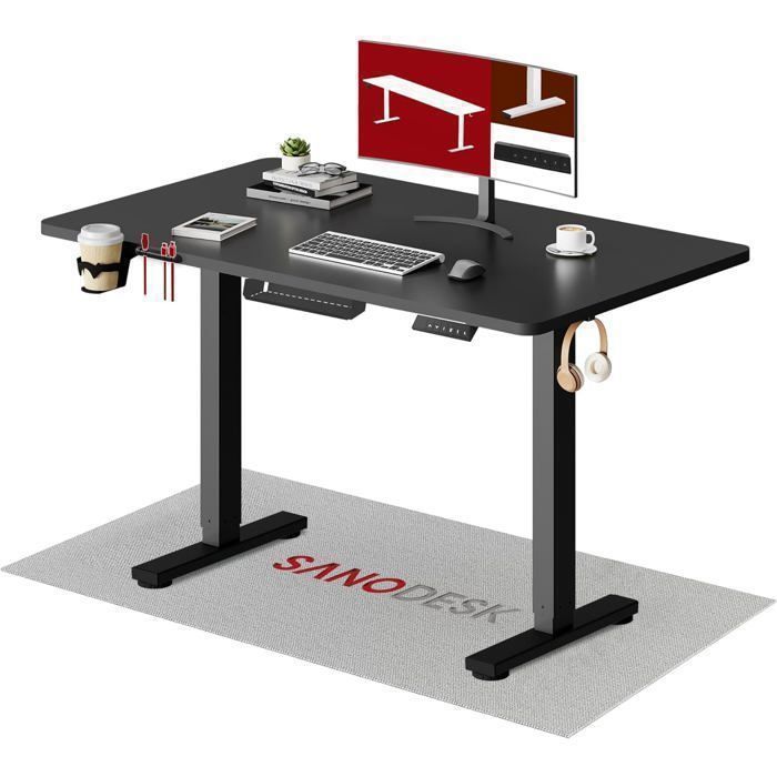 SANODESK Bureau Assis Debout Plateau Complet110x54cm Système Anti-Collision Fonctions Mémoires Crochet/Porte-gobelet Noir