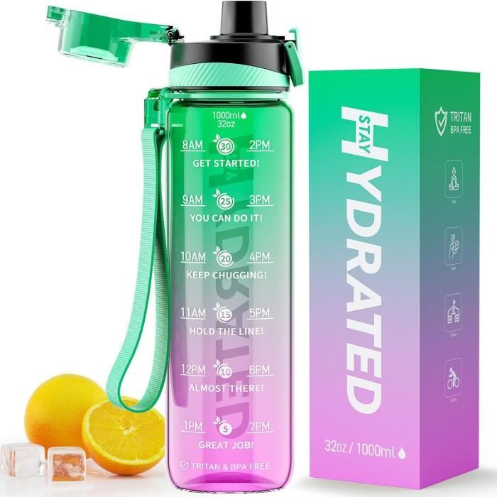 AQUAFIOLE Gourde 2L Tritan Motivation Graduée En Français - Sport Avec Paille - Sans BPA