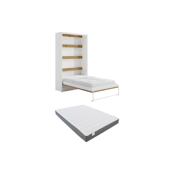 Lit escamotable 120 x 200 cm - Ouverture verticale manuelle - Blanc et naturel + Matelas - RAPILI Lit escamotable 120 x 200 cm - Ouverture verticale manuelle - Blanc et naturel + Matelas - RAPILI