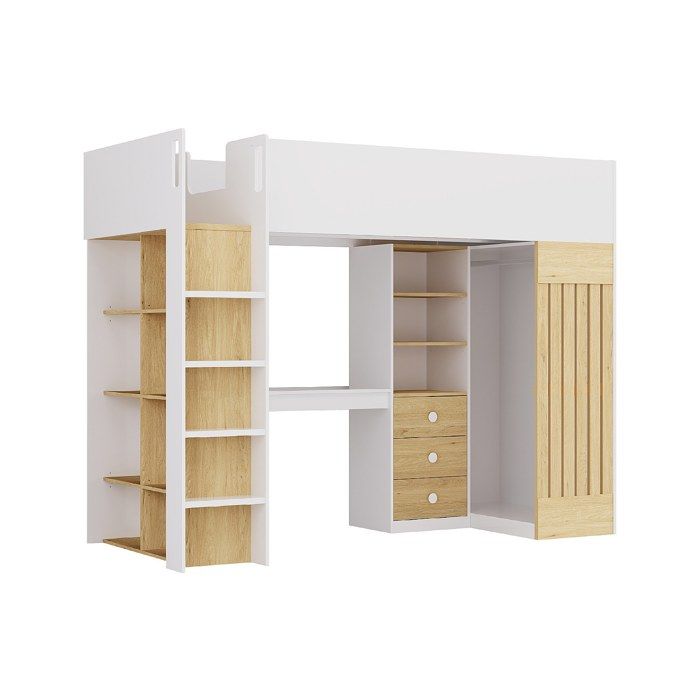 Lit mezzanine 90 x 190 cm avec bureau et penderie - Coloris : Blanc et naturel - LORINTI