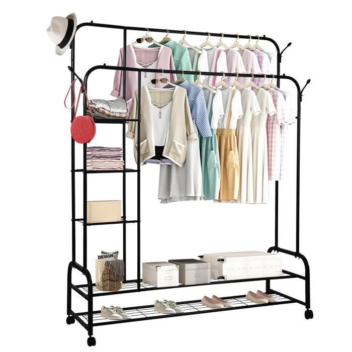 Portant Vêtements LOEFME - Double Rail Métal Avec Étages à Chaussures | Design Minimaliste | Stable Et Antidérapant | 110x62x150 Cm | Noir