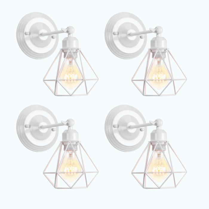 UNI 4PCS Rétro Vintage Applique Murale Cage Diamant en Métal Fer Luminaire Industrielle pour Café Restaurant Hôtel Blanc
