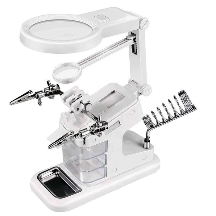Support Troisième Main Avec Loupe 60mm - Pour Soudage, Modélisme, Bijouterie - 2 Pinces Crocodiles Réglables - Base Lourde Stable