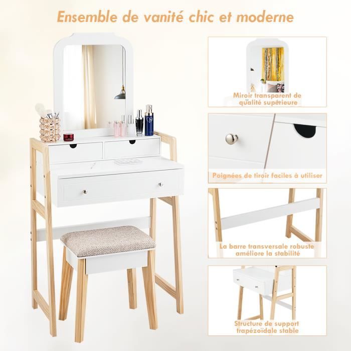 HOMCOM Ensemble de coiffeuse table de maquillage avec tabouret rembourré  grand miroir + plusieurs étagères ouvertes + 4 tiroirs bois naturel