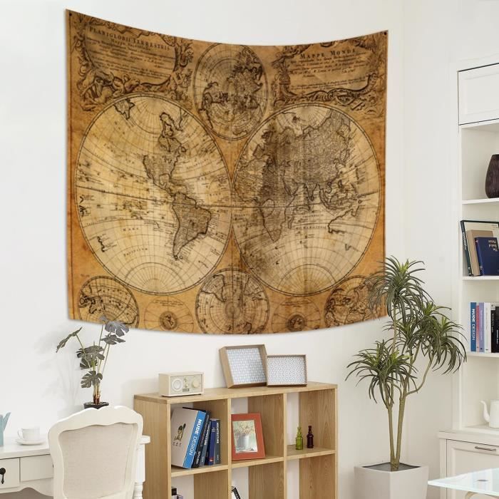 Tapisserie Carte Du Monde Ancienne 150x130cm - Polyester, Pour Décoration Murale, Couvre-lit, Plaid
