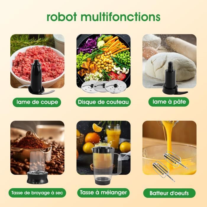 FIMEI Robot de Cuisine, 1300 W, 3 Vitesses et Fonction Pulse, Hachoir 3