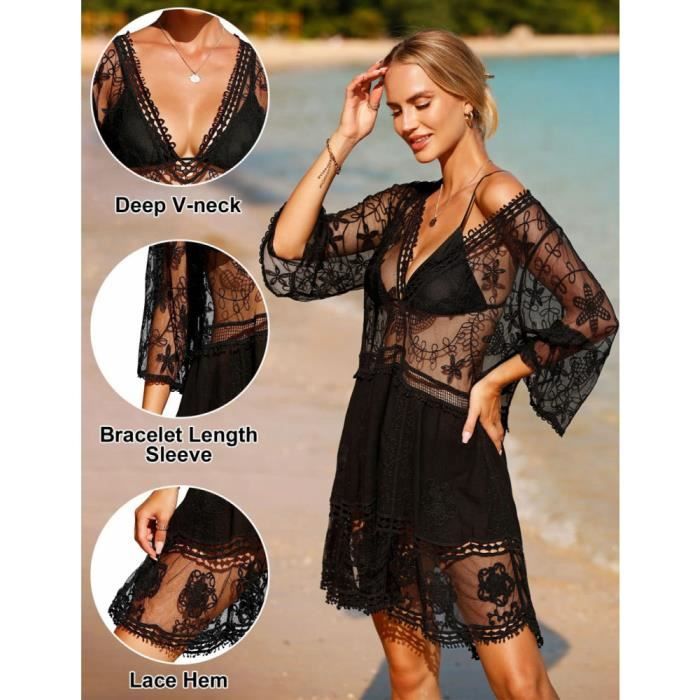 Robe de Plage Femme D ete Dentelle Pareo de Plage pour Maillot de Bain Sexy Cache Maillots et Col V Kimono Tunique ROBE DE PLAGE Noir Cdiscount Pret a Porter