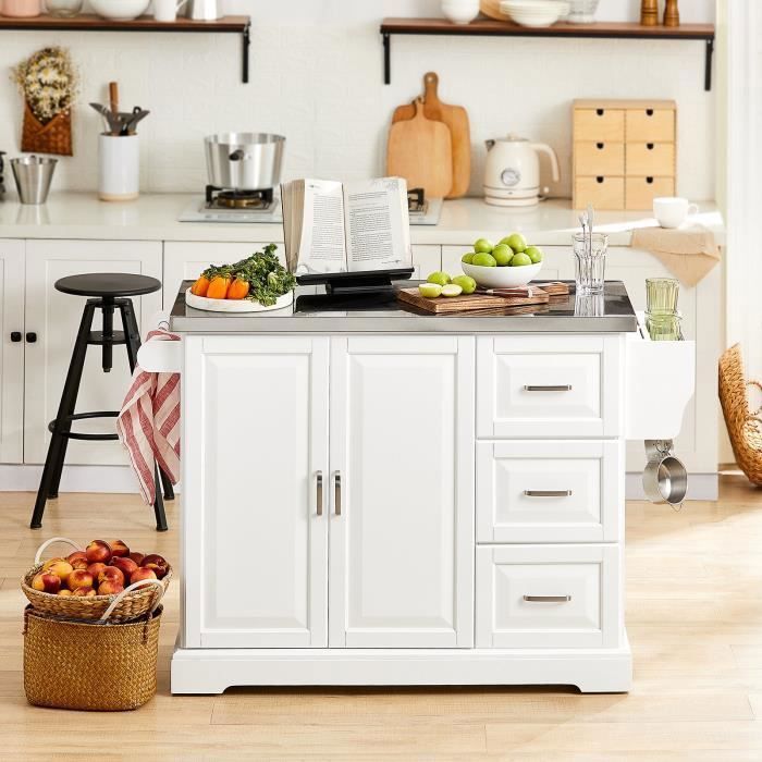 Desserte Roulante De Cuisine Avec Plateau Pliable - Meuble De Rangement Avec Tiroirs Et Portes - Design Moderne Et Pratique