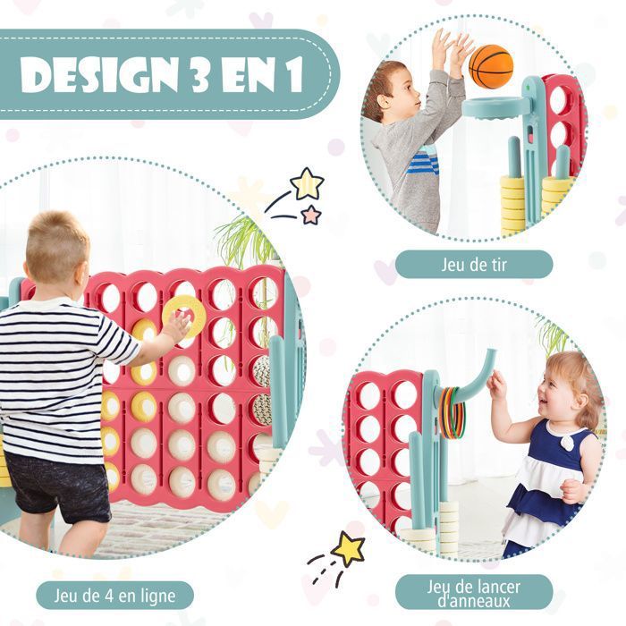 Jeux 3-en-1 Géant avec Puissance 4 Panier de Basket et Jeu d'Anneaux