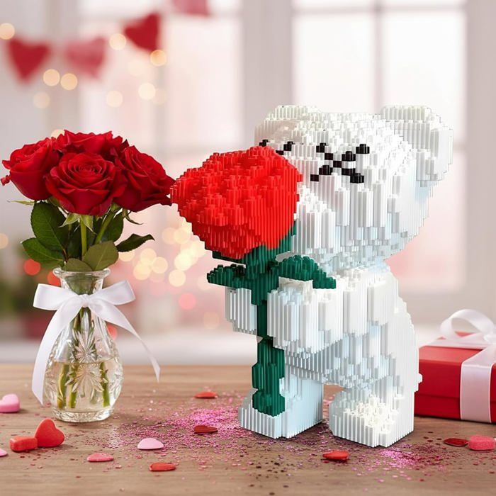 Blocs de Construction Ours avec Rose,20cm,Briques de Construction Ours ...