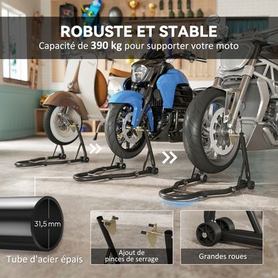 Béquille D'atelier Moto HOMCOM - Charge 390 Kg, Réglable Pour Roues Avant/arrière, 4 Roues, Couleur Rouge