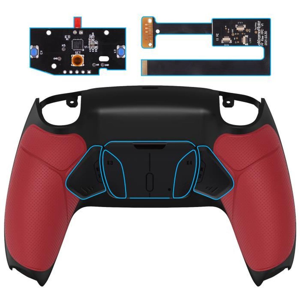 EXtremeRate RISE4 Remap Kit Palette pour ps5 BDM010&020, Fond Noir et Rose Rouge