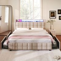 lit adulte 180x200 cm avec sommier à lattes, tête de lit avec LED et USB, lit double avec 4 tiroirs, tissu en lin, beige