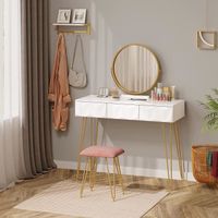 EUGAD Coiffeuse Table avec Tabouret Velours et Miroir pivotant à 360°,Table cosmétique à 3 tiroirs Effet 3D,Blanc+Or