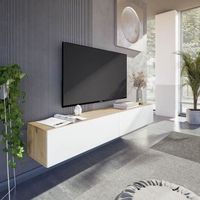 Meuble TV suspendu - KAWAY - Décor blanc et chêne - 2 Portes abattantes