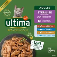 LOT DE 2 - ULTIMA - Pâtée pour chat Adulte Stérilisé Boeuf Thon - paquet de 8 sachets de 85 g
