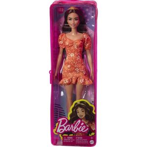 POUPÉE Coffret Barbie Poupee Mannequin Fashionistas Brune Cheveux Long Avec Robe orange A Fleurs Et Sandales Et 1 Carte Offerte