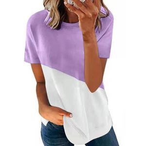 T-SHIRT T-Shirt Femme Manches Courtes Patchwork Été Ample Haut Basique Couleur Chic,violet Et Blanc,XL