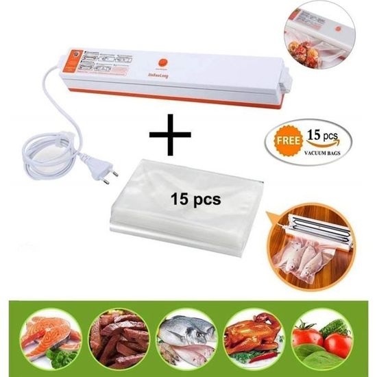 Machine sous Vide avec 15 Vacuum Sealer Sacs Appareil de Mise Sous Vide Ménage Alimentation Automatique Système d’Emballage, Orange