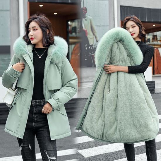Manteau Femme Hiver Couleur pure Faux Fourrure Trim Garder chaud Plus velours avec Poches Vert GOGUQ Vert Cdiscount Pret a Porter