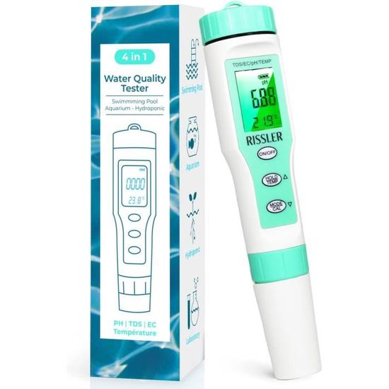 Testeur de pH-mètre électronique 4 en 1 pour piscine, pH, TDS, EC et température, avec écran LCD