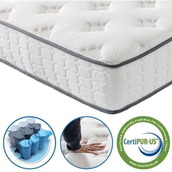 Vesgantti Matelas à ressorts 120x200cm, 24cm Épaisseur, Matelas Ressort Ensachés Mousse Mémoire de Forme 7 Zones de Confort