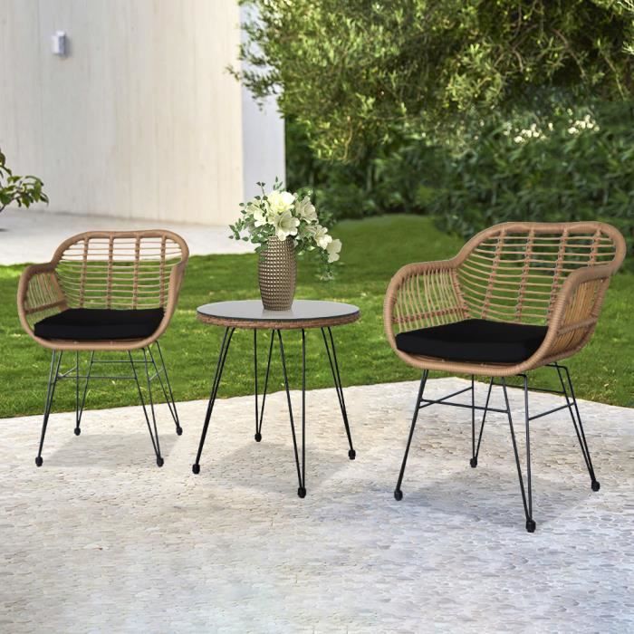 Ensemble Salon de Jardin en Résine Rotin Tressée 2 Places Table Basse Plateau Verre Trempé - Jaune