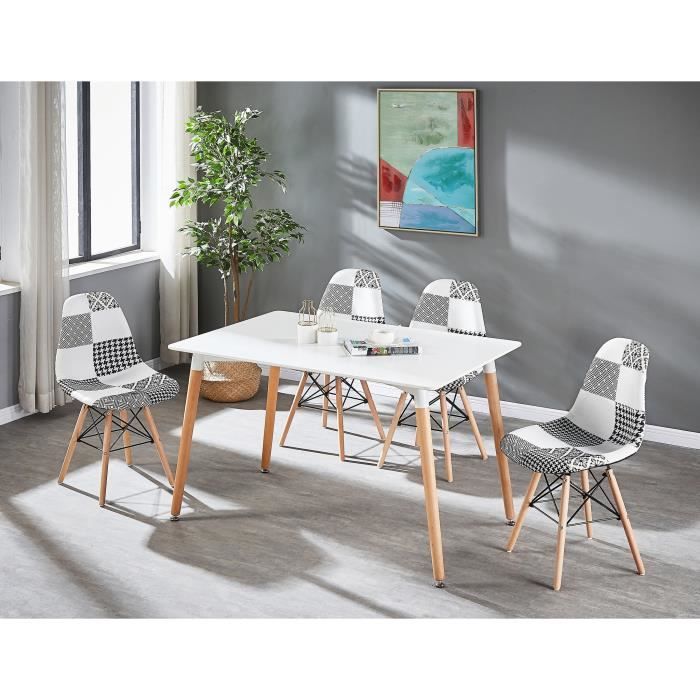 Lot de 4 Chaises en Tissu Patchwork et Métal Noir - Noir & Blanc