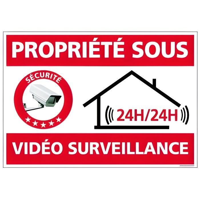 Panneau Propriété Sous Vidéo Surveillance, Panneau Alarme - 24h/24. Caméra de Sécurité - 300 x 210 mm - Adhésif