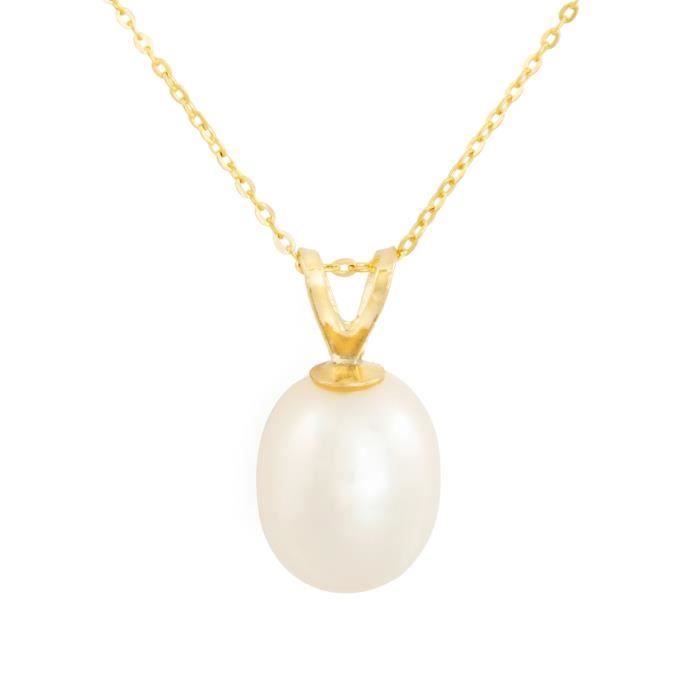 Pendentif perle de culture couleur nacrée blanc en or jaune 9kt (375-1000).Chaine argent (925) cadeau couleur jaune