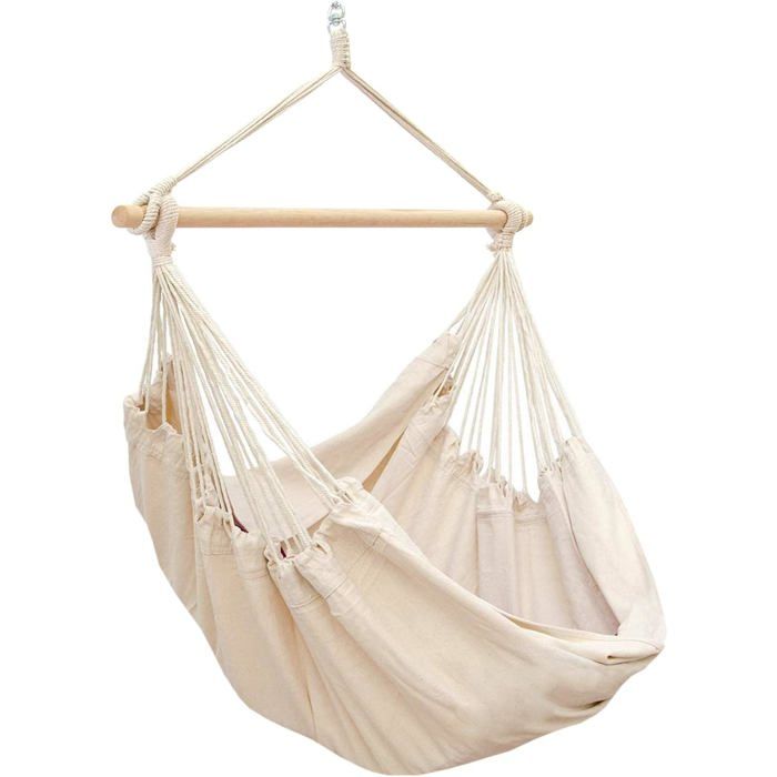 Hamac suspendu pour s'asseoir XXL 185x130cm 100% coton 150kg siège pour se balancer avec pivot 360° Beige