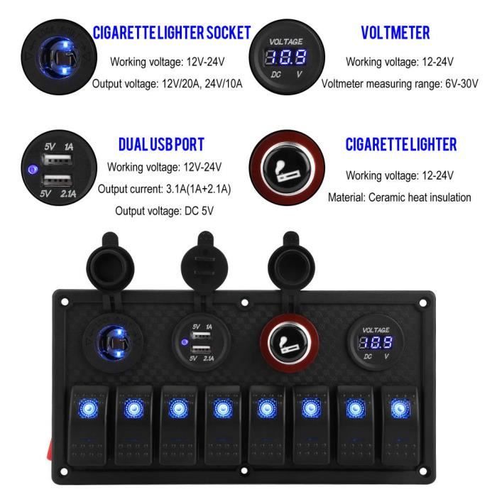 ESTINK panneau de commutation 12V 24V 8 Gang voiture bateau LED interrupteur à bascule panneau de commande double USB voltmètre
