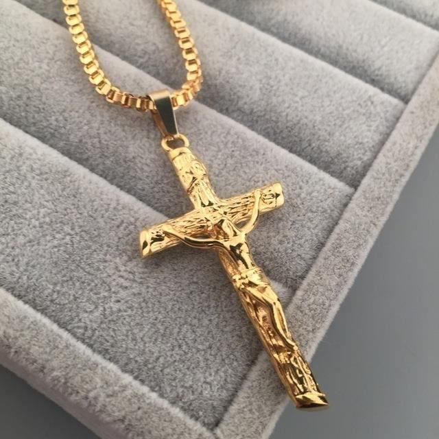 plaqué nouvelle or jaune 18k en acier inoxydable INRI jésus croix collier pendentif hommes cadeau MKK93
