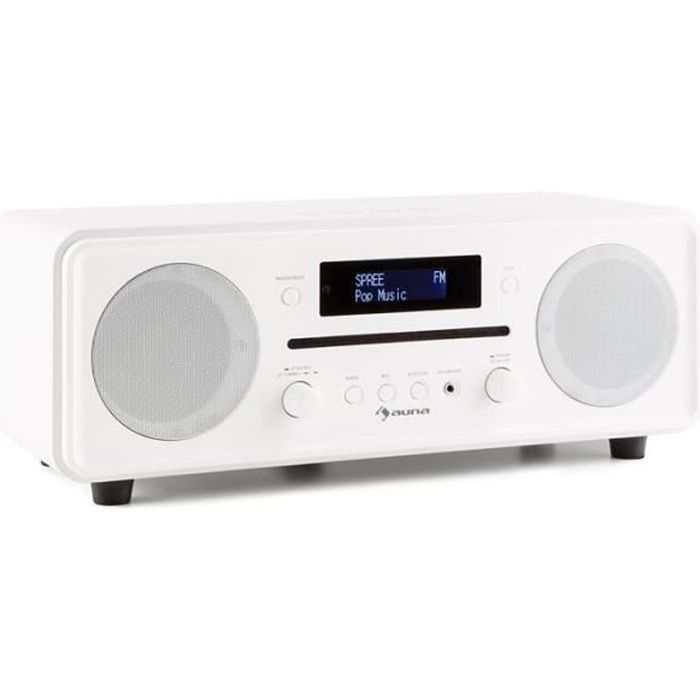 auna Melodia - Radio numérique Bluetooth avec lecteur CD et tuner DAB+-FM (entrée AUX, sortie casque, réveil) - blanc