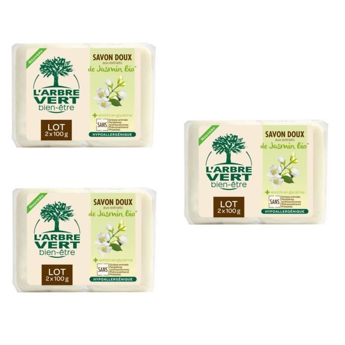 L'ARBRE VERT Savons Bien-être - Jasmin Bio - 2 x 100 g - Lot de 3