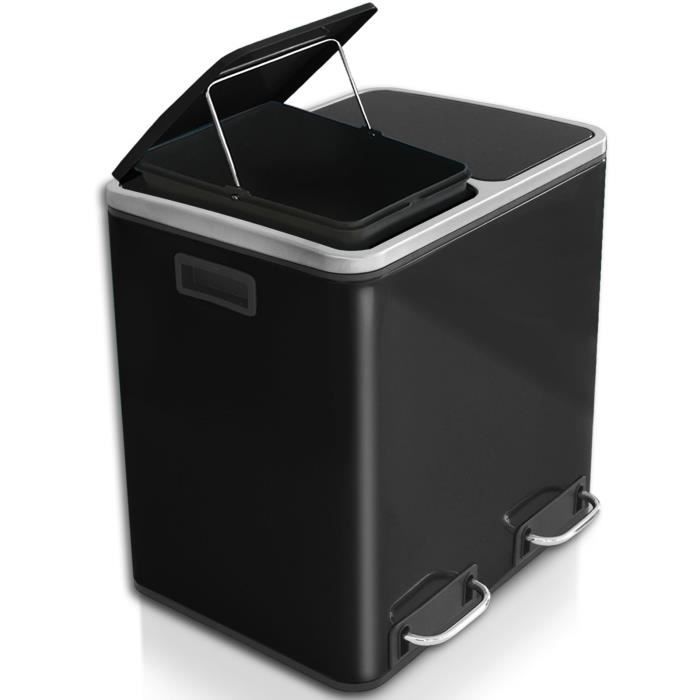 Poubelle Tri Sélectif 30 Litres - Poubelle 2 Bacs 15L - Poubelle de Cuisine en Inox à Pédale - 41x36x47 cm - Noir