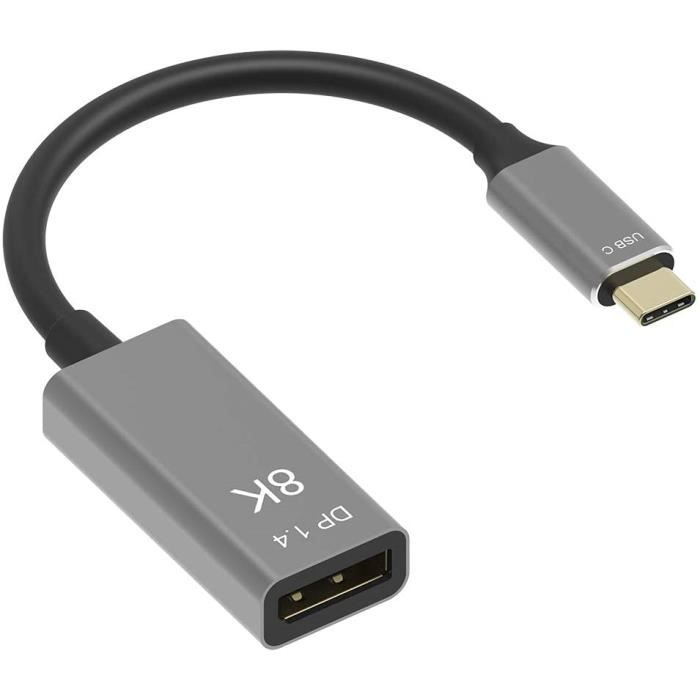 HUB Câble USB C vers DisplayPort 1.4 8K 8K à 60Hz 4K à 144Hz Adaptateur Thunderbolt 3 vers DisplayPort 25 cm