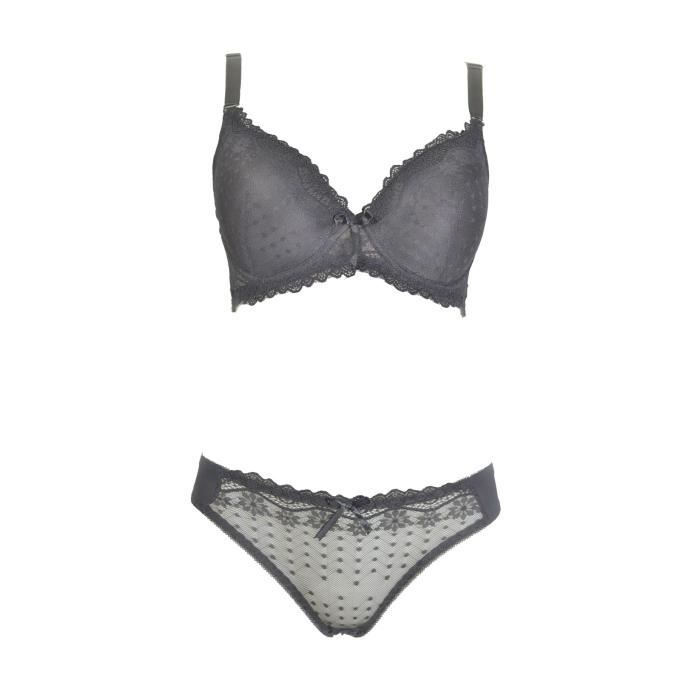 Ensemble lingerie femme soutien gorge et culotte 100D dentelle et pois noirs