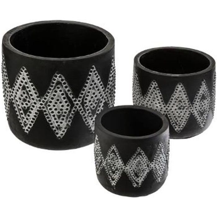 Lot de 3 Cache-Pots -Ethnique- 13cm Noir