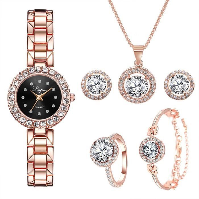 Coffret montre femme + bracelet + collier + des boucles d'oreilles + bague – bijoux femme diamant luxe