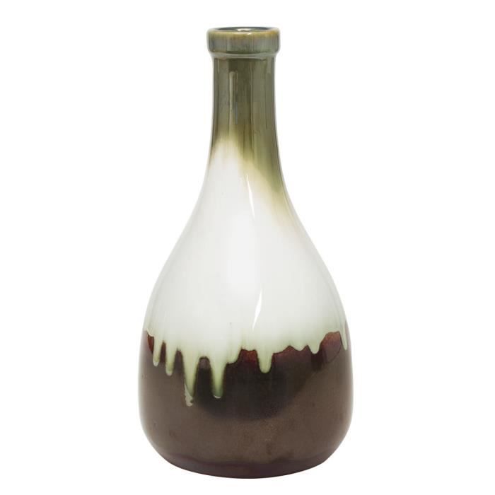 VASE HAUT BOUTEILLE LONG COL H34CM FUJI VERT BLANC BRUN NEURE NEUTRE