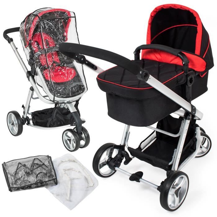 TECTAKE Poussette 3 en 1 Combinée (Landau, Poussette Canne, Porte Bébé) Pliable + 1 Moustiquaire + 1 Habillage Pluie Noir et Rouge