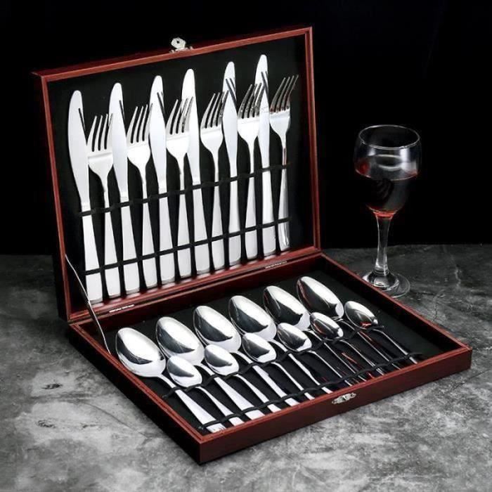 QQ34809-Couverts de table, NetBoat Ensemble de couverts 24 pièces en acier inoxydable, Couverts avec coffret en bois, Service pour