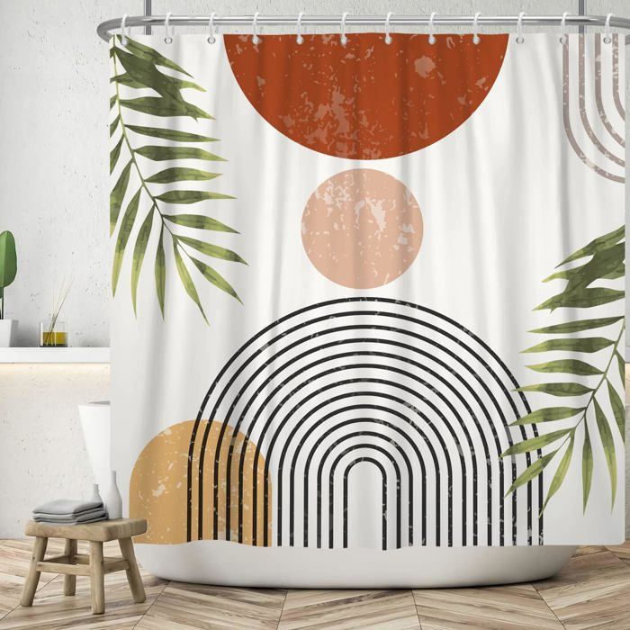 Rideau De Douche Boho 120x200cm Art Abstrait Imperméable - Fille Fleur Feuilles Vertes